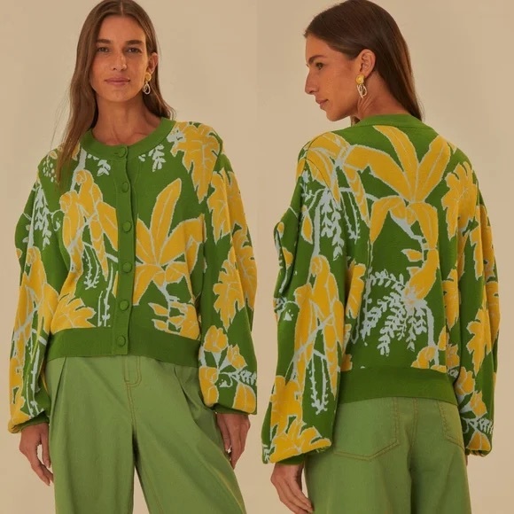 FARM Rio Sweaters - Farm Rio Small Foliage Sketch Knit Cardigan Sweater Green Yellow Preppy $220 New
